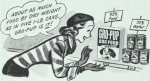 A comic picture of a woman looking at the labels on pet food.