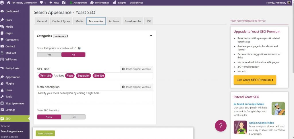 Taxonomies in Yoast settings