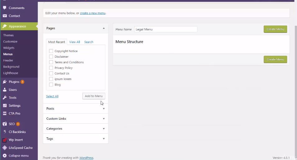 create a legal menu in WP