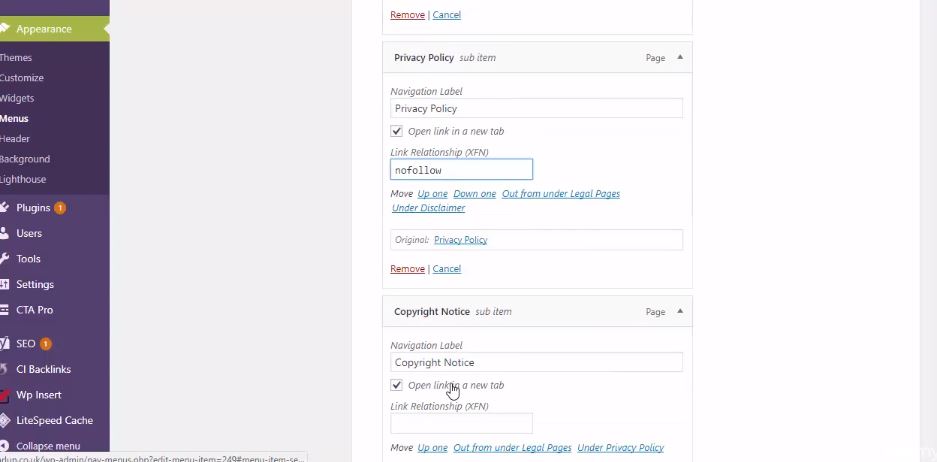 no follow on legal menu in WordPress