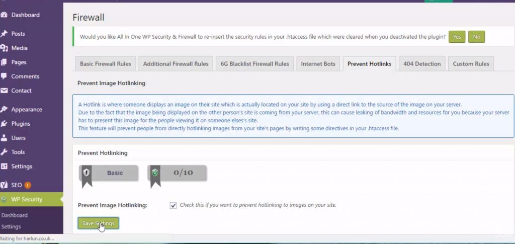 Prevent hotlinks in WordPress security settings 