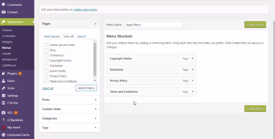 legal menu example in WP