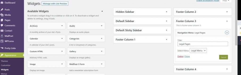 Widgets for legal menu for WordPress