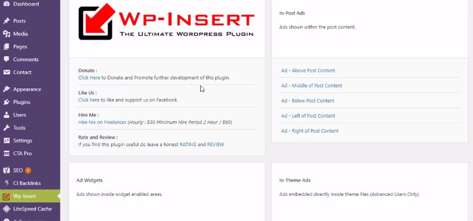 dashboard of WP Insert 