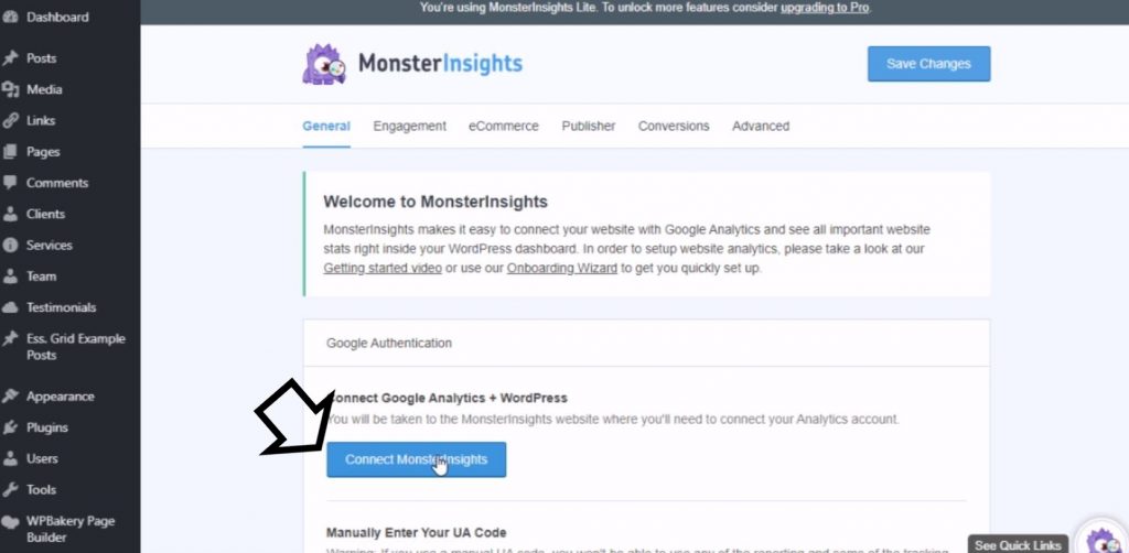 Automatically connect from monsterinsights to google analytics