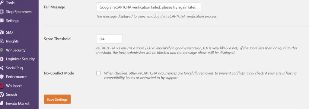 reCaptcha Settings in WPForms