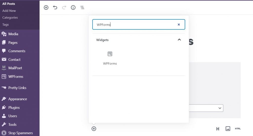 Search Widgets in your WP using WPForms to create your signature form
