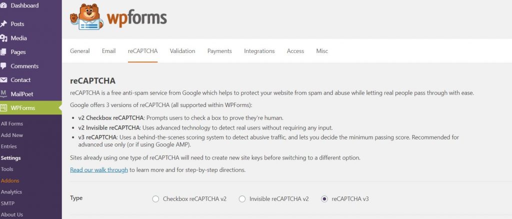 WPforms Settings For reCaptcha