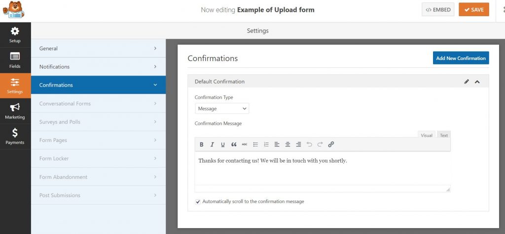 Confirmations screen in WPForms creating your upload form