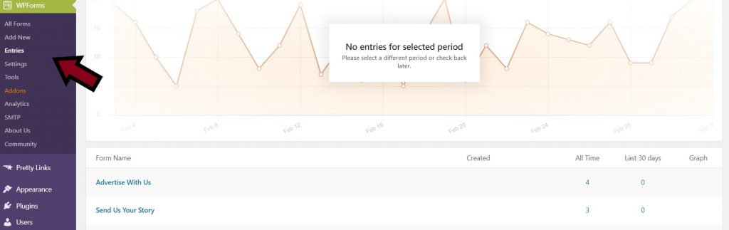 Entries tab in WPFroms when creating an upload form