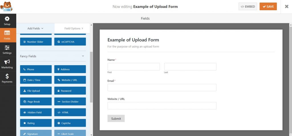Picture of upload form and adding fields