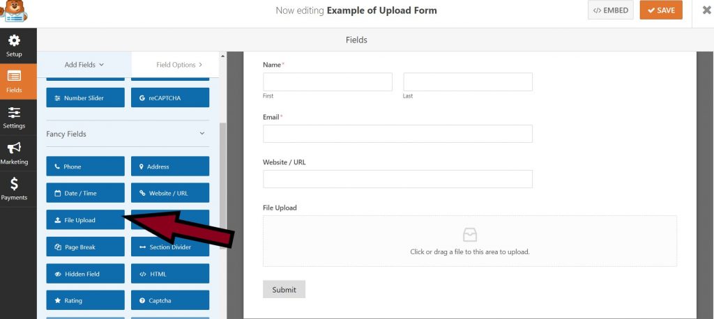 picture of the upload file button in WPforms