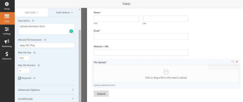 WPfoms form settings screen creating your upload file form