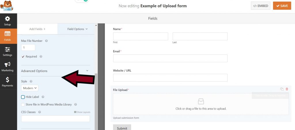 Modern or classic advanced options screen in creating an upload file form