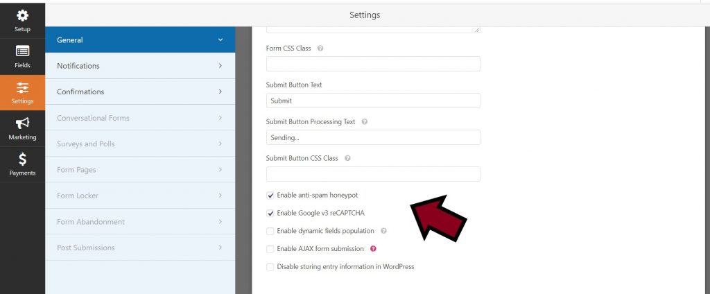 General Settings screen to enable google reCaptcha for your upload file form in WPForms