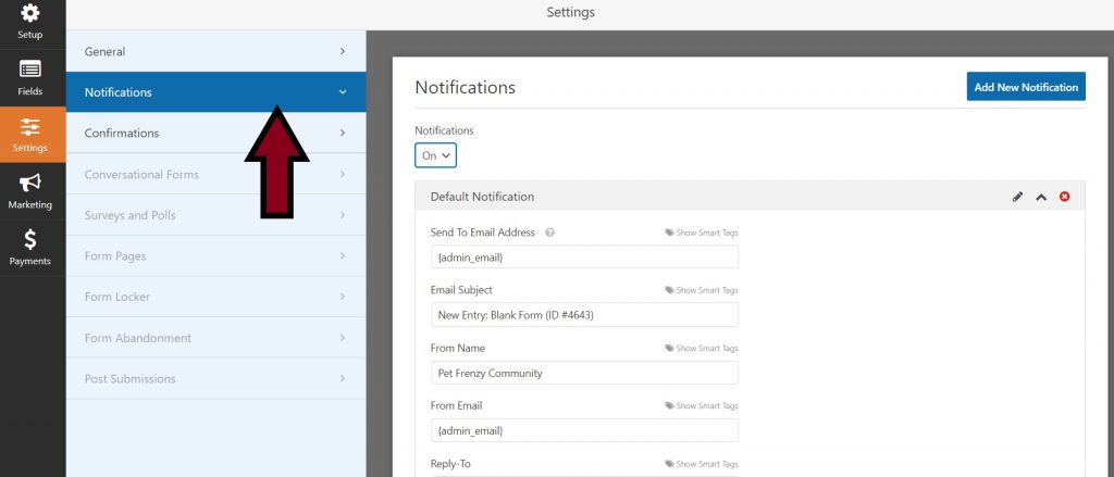 Notifications settings in WPForms screen