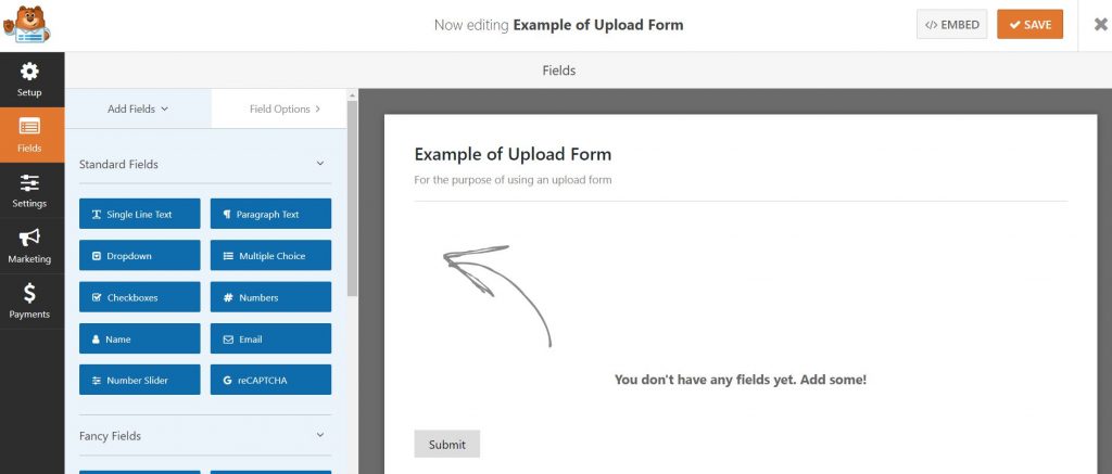 Screenshot of creating an upload form in WPforms 