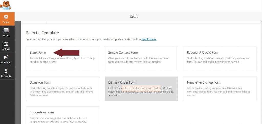 Screen shot of setting up a form in WPforms using an upload file form as an example