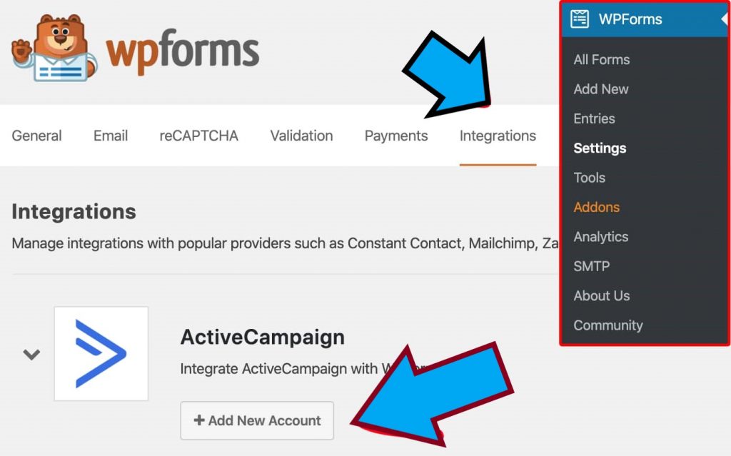 WPforms integrations screen