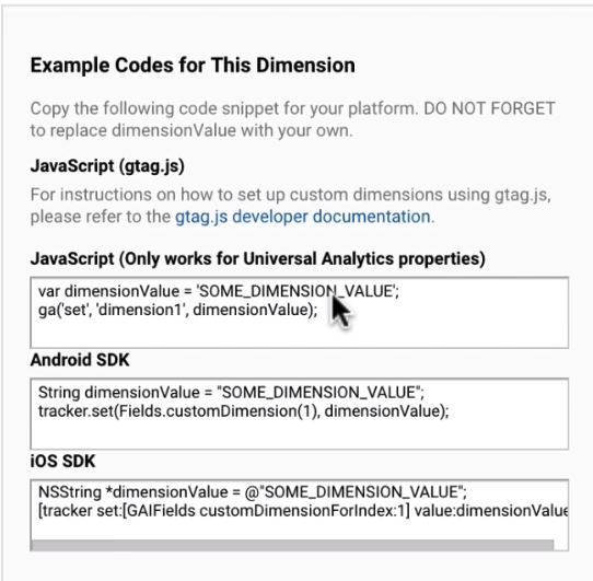 Example codes for setting up a dimension. replace the value with your own. 
