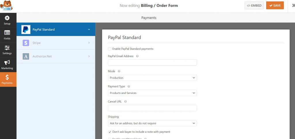 PayPal set up in WPForms