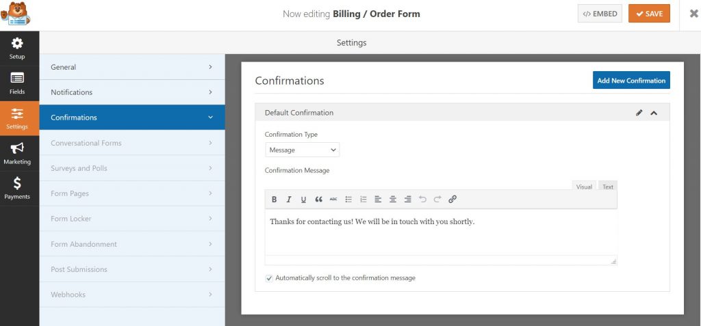 Confirmations for your order form