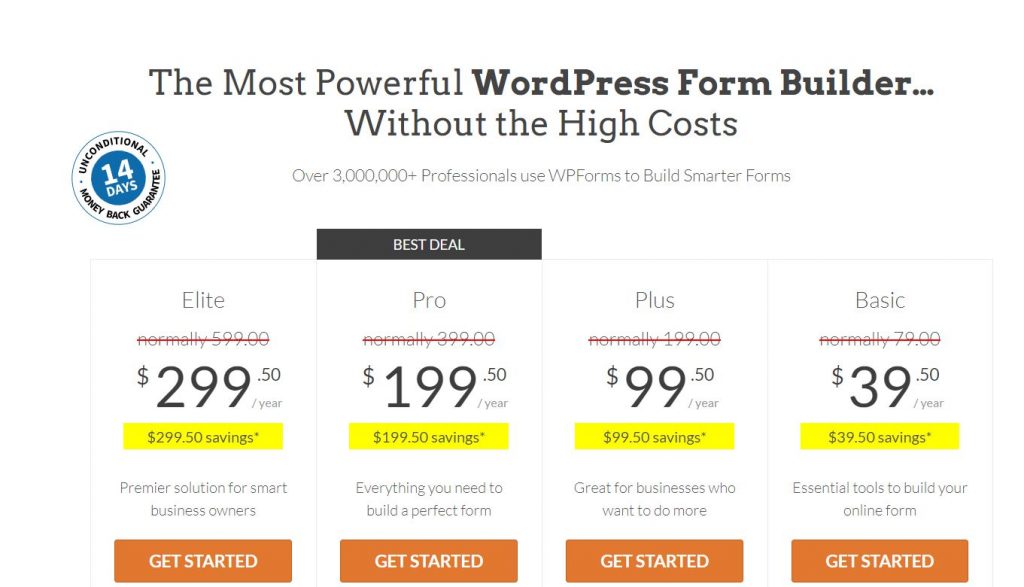 WPForms costs for each tier