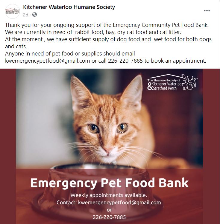 KW emergency pet food bank at the humane society in KW area 