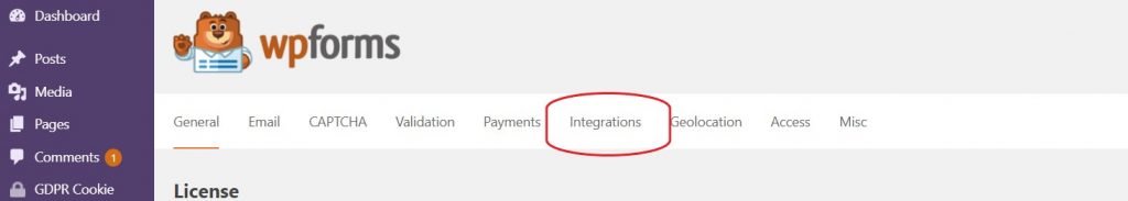 WPForms dashboard with integrations circled